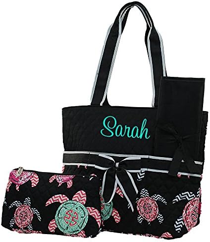 Personalized Monogrammed Toddlers Black Diaper Bag with Turtle Print 3 Piece Set Diaper Bag | Changing Pad and Accessories Bag Personalize with Order