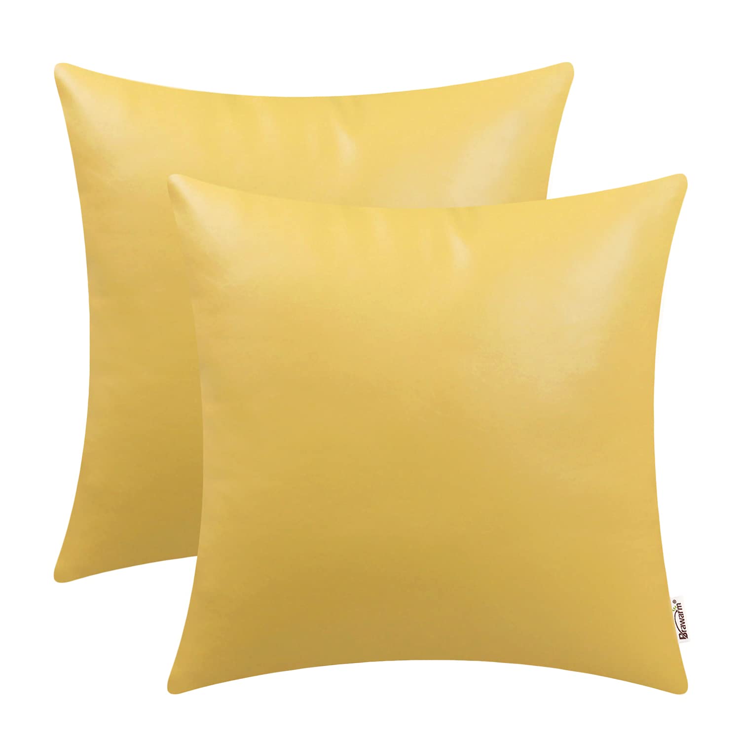 BRAWARM Decorative Throw Pillow Covers, Faux Leather Throw Pillow Cushion Covers, Solid Faux Leather Couch Cases for Living Room Garden Bed, Yellow, 45cm x 45cm, Pack of 2