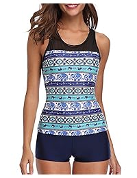 Yonique Racerback Tankini Set Mandala Impreso Top con Boyshort Dos piezas Trajes de baño para dama