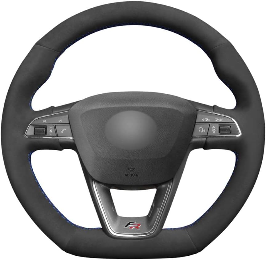 MVMTVT Car Steering Wheel Cover for Seat Leon Cupra R 2013-2019 Ibiza Cupra 2016-2019 Ateca FR 2016-2019, Black Hand-madeLeather Steering Wheel Cover