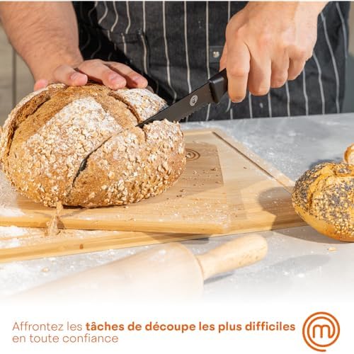 MasterChef Couteaux de Cuisine avec Bloc, Contient : Couteau d'Office Universel, Couteau à Viande et Pain, Couteau de Chef, Acier Inoxydable, Manche Ergonomique, Noir, Toucher Doux