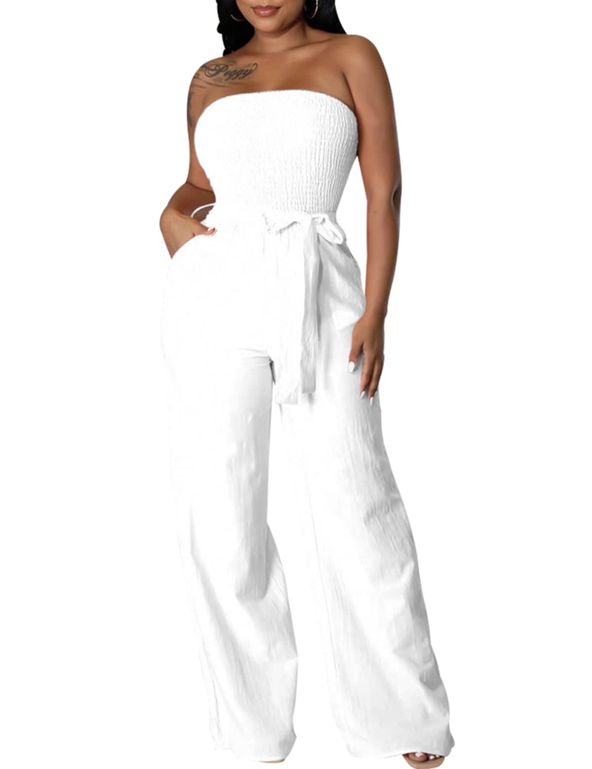 Photo 1 of LightlyKiss Women's Casual Sleeveless Tight Jumpsuit Elegant And Fashionable Pleated Long Pants Rompers White