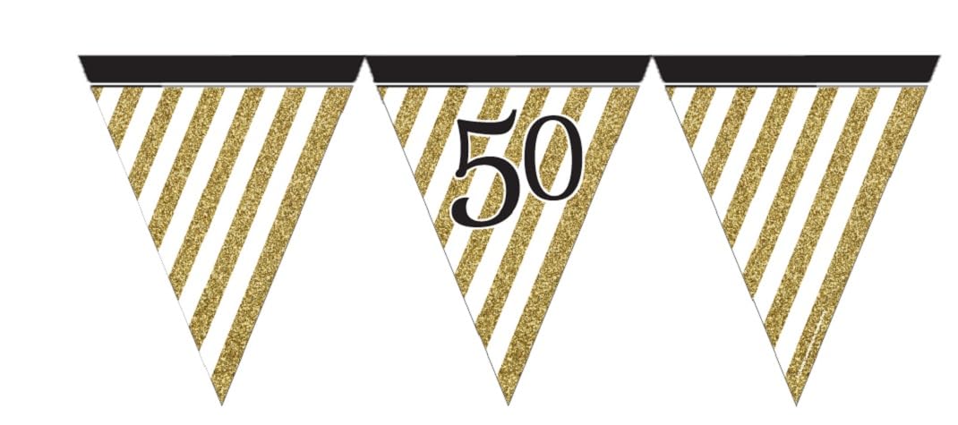 Creative Party Age 50 Birthday Paper Flag Bunting Pennant Banner, Large 3.7m, 11 Flags, Black/Gold, Birthdays, Celebrations, Men, Women