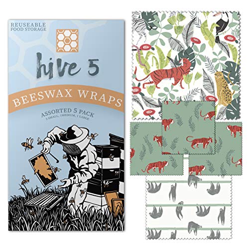 Hive 5 Beeswax Food Wrap - 5 Pack (3 Small, 1 Medium, 1 Large) - Sustainable, Zero Waste, Plastic Free Food Storage - Organic Beeswax Wrap, Eco Friendly Reusable Food Wrap