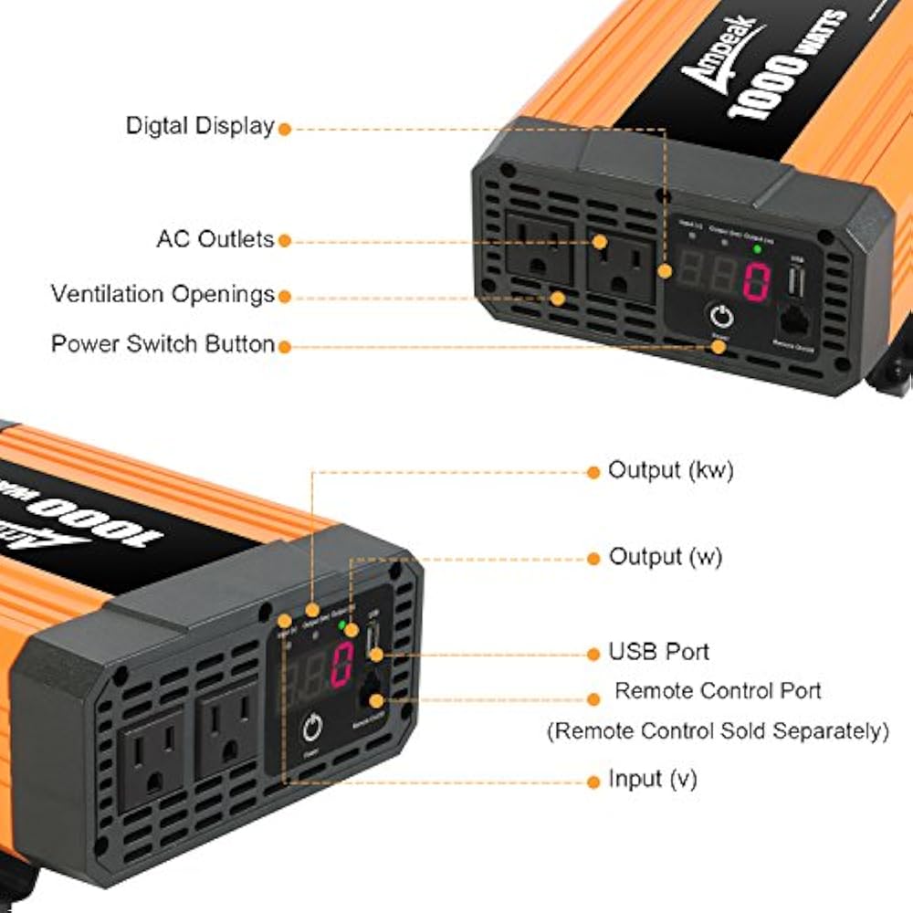 Ampeak 1000W Power Inverter Truck/RV 12V DC To 110V AC Converter Dual
