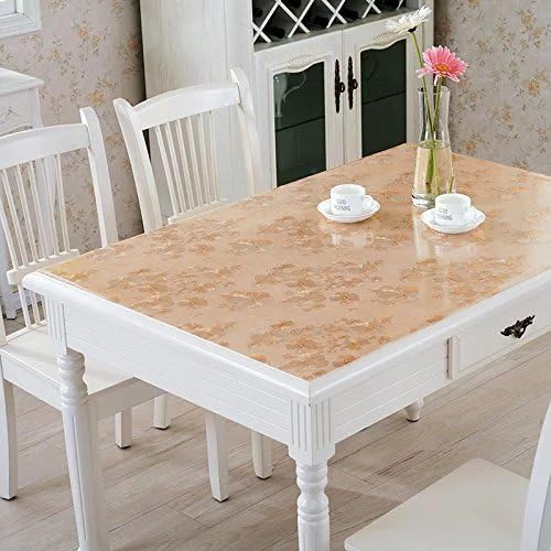 Hiyoli Soft Glass PVC Tablecloth Protector for Table /Oil-proof/Waterproof Stain-resistant/Mildew-proof, Gold Floral B 23 x 47 Inch (60 x 120 cm)