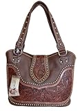 Montana West Ladies Concealed Gun Handbag Tooled Genuine Leather Dark Brown