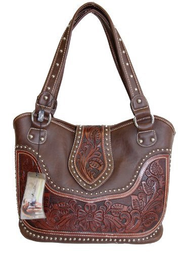 Montana West Ladies Concealed Gun Handbag Tooled Genuine Leather Dark Brown