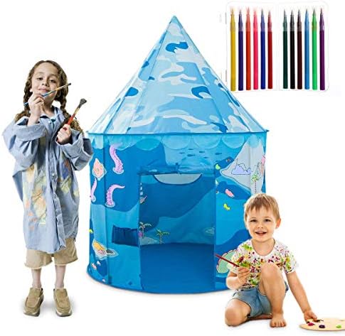 Anyshock Kids Play Tent, DIY Coloring Toys Outdoor Indoor Play House Tent Castle for 1-8 Years Old Kids Boy Girls Toddler Infant with DIY Watercolor Pens (No LED Light) (Blue)