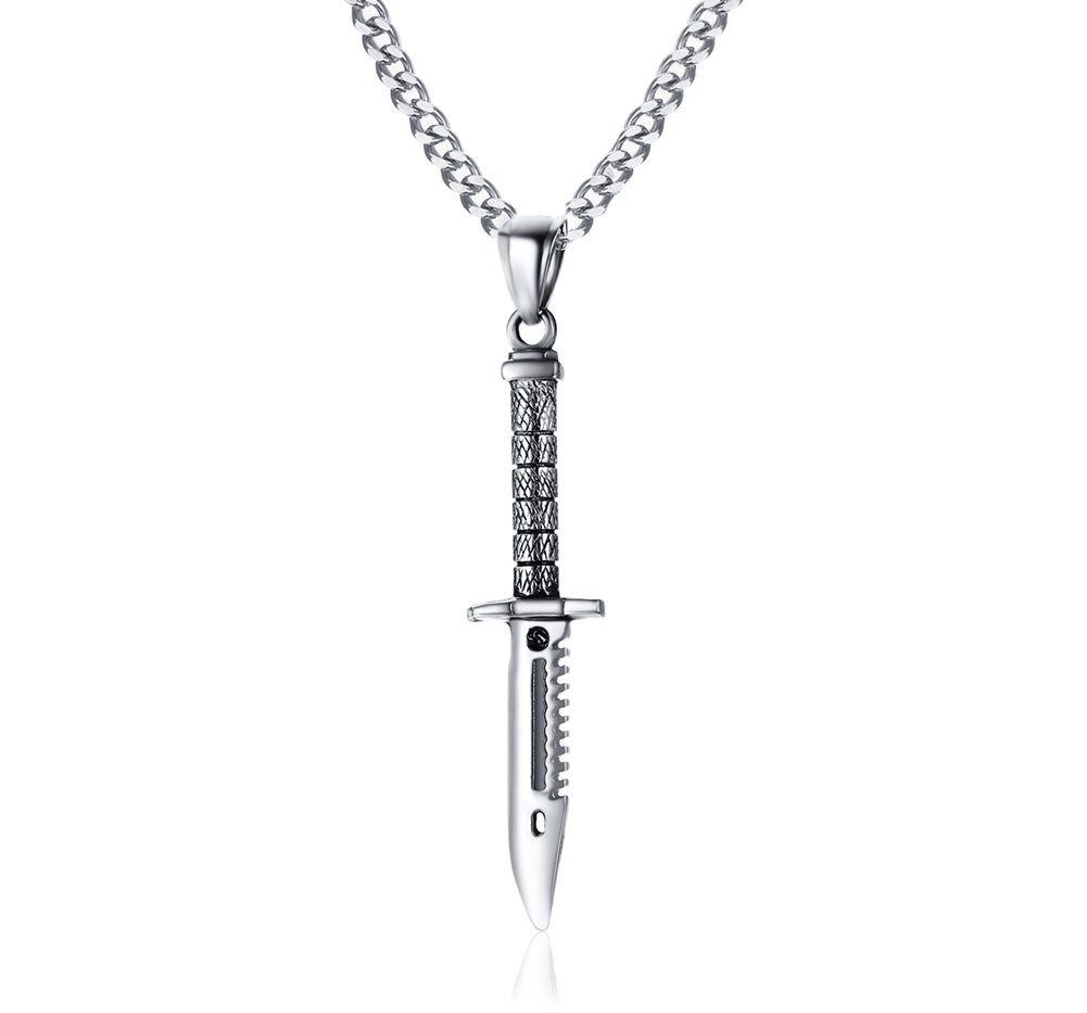 VNOX Men's Stainless Steel Dagger Knife Weapon Charm Pendant Necklace Punk Gothic Biker,Free Curb Chian (Silver)