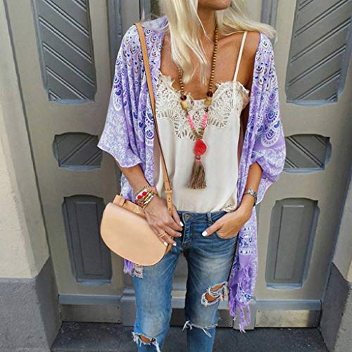 HTDBKDBK Kimono Cardigan Boho Vintage Floral Print Loose Shawl 3/4 Sleeve Kimono Cardigan Chiffon Coat Jacket Blouse Purple