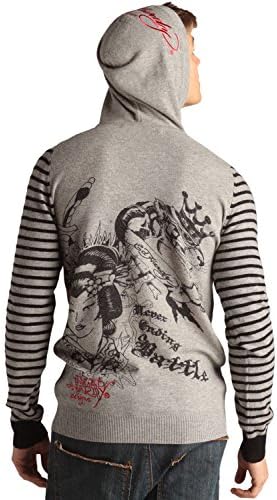 Ed Hardy Men's Long Striped Sleeve Henley Hooded Sweater - Grey