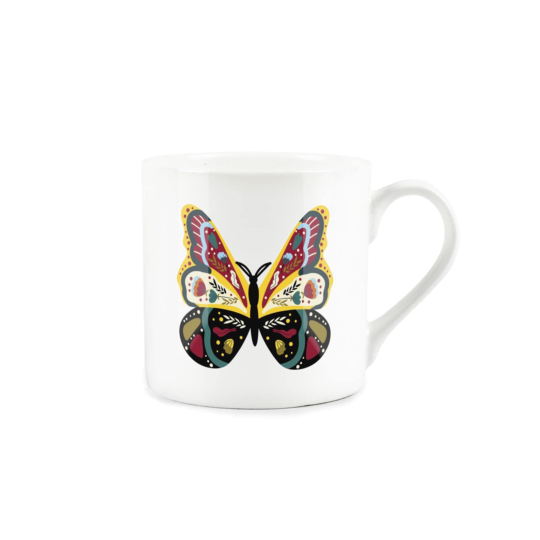 Purely Home Yellow/Red Butterfly Mug - Fine Bone China White Garden Coffee/Tea Present Gift for Animal Lovers