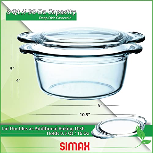 Simax Casserole Dish with Lid, Glass Casserole Dish, Holds 96 Oz (3 Quarts), Oven to Table