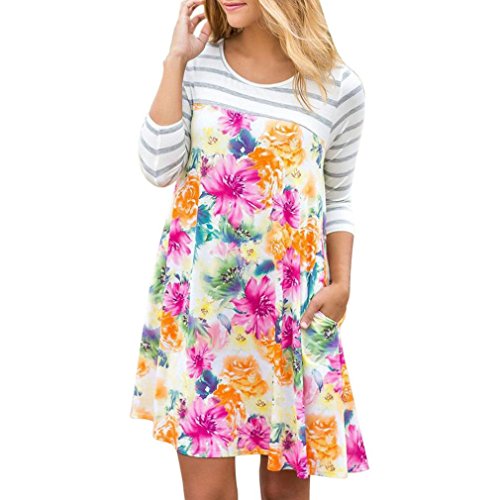 Women's Dress Neartime Women Casual Stripe Floral Shirt Long Sleeve Mini Dress Party Dress (M, White)