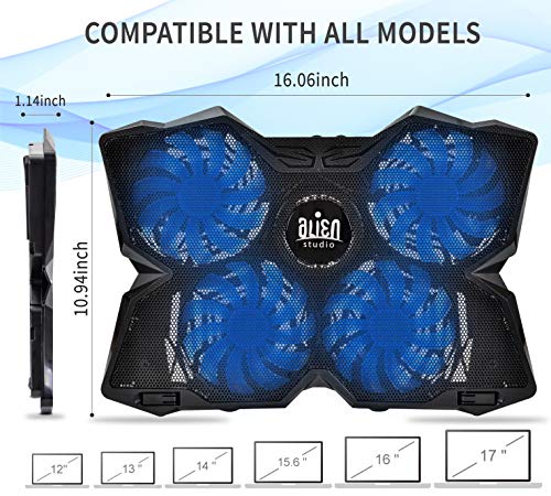 Alien Studio Laptop Cooling Pad – Slim Fan Laptop Stand - 4 Super Silent USB Cooling Fans, 2 Extra USB Ports, Non-Slip Base, Adjustable Tray Height, Compatible with 12-17 in Laptop, Notebook, MacBook - Thumbnail 2