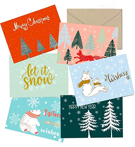 Elegant Christmas Happy Holiday Greeting Cards Bulk Boxed Set of 30, 6 Assorted Winter in Snow Festive Color Design Blank On the Inside, Envelopes and Sealing Stickers Included