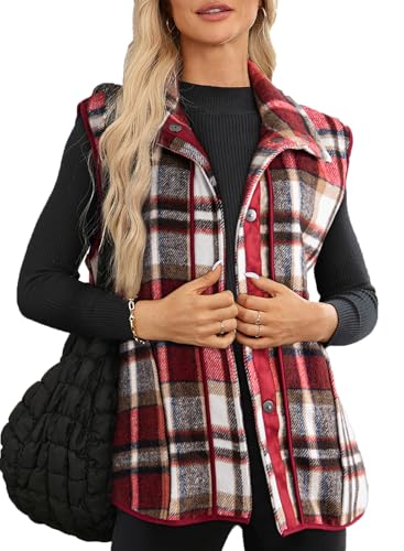 Photo 1 of Dokotoo Buffalo Plaid Vests for Women 2024 Fall Fashion Lapel Collar Button-Down Sleeveless Winter Coats Pockets Lightweight Jacket Casual Outerwear Red Medium
