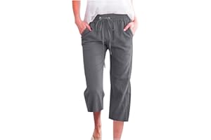 HUEAHDOU Capri Pants for Women Casual 2024 Summer Drawstring Elastic High Waist Linen Pants Straight Wide Leg Capris