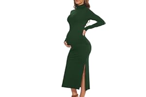 guruixu Turtleneck & Long Sleeve Maternity Dress for Photoshoot Baby Shower, Winter Split Ruched Bodycon Pregnancy Clothes