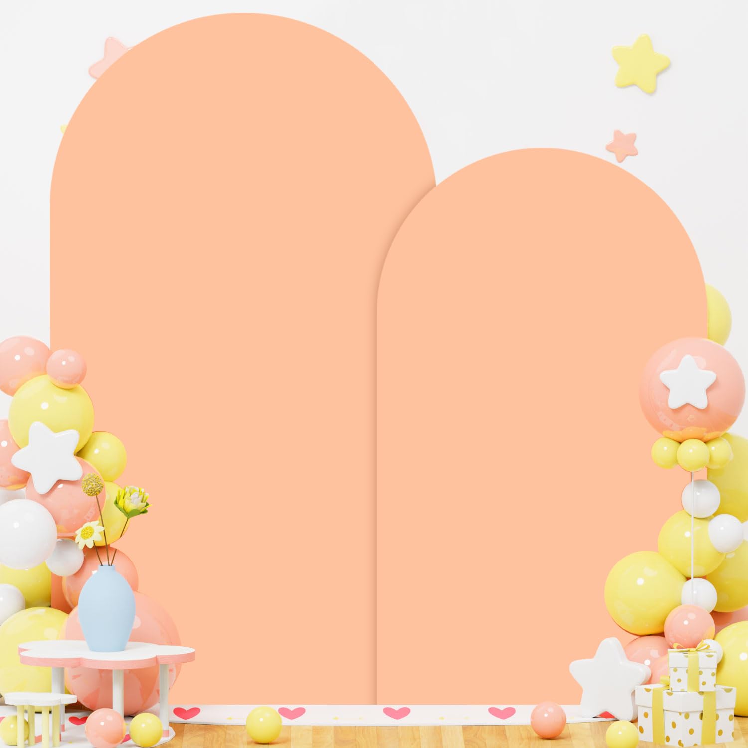Photo 1 of OMKSIH Arch Covers Peach 6FT 7.2FT Wedding Arch Cover Set of 2 Spandex Arch Stand Cover Arched Cover Round Top Chiara Backdrop Cover for Bridal Shower Birthday Party Banquet Decorations
