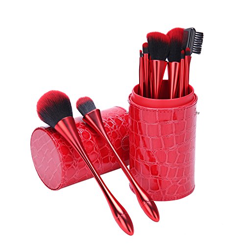Red Goblet Makeup Brushes Set, 10pcs Professional Face Brush with Holder for Foundation Eye Makeup Concealer Mascara Contour Lip Cosmetic Powder Vanity Synthetic Brush Tools Kit for Women