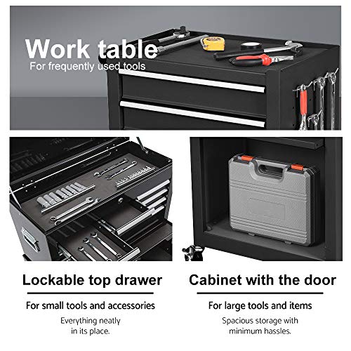 Big Removable Tool Chest, Rolling Tool Chests with Wheels (2PCS Lockable) and Drawers, Top Tray and Bottom Cabinet Door with Keyed Locking System, for Garage, Warehouse, and Workshop, etc(Black)