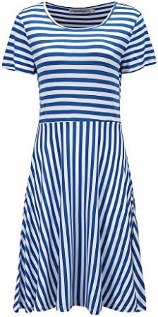 KateSui Women's Short Sleeve Slim Fit Waist Pocket Casual Swing Knee Length Stripe Dress Blue Small