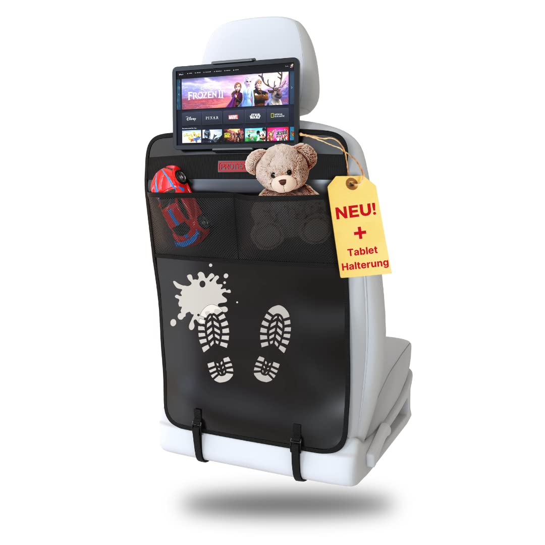 PROTEX Backrest Protector Organiser [Test Winner 2024], Back Seat Organiser [Oxford 600D] - Water-Repellent Back Seat Protector with 12 Inch Tablet & iPad Compartment (Black + Tablet Holder, Set of 1)