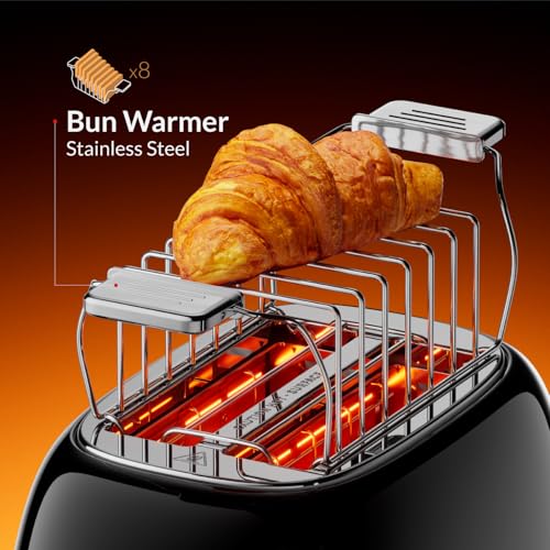 Feller Germany, Retro Style 2-Slice Toaster, 815 W, Steel Body, Steel Dust Cover & Bun Warmer,Defrost, Reheat & Cancel Function,Removable Crumb Tray, TO290, 2Y Guarantee, UAE Version (Glossy Black)
