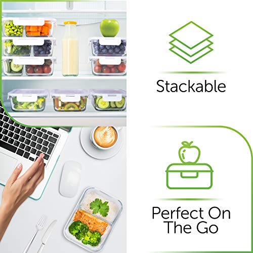Prep Naturals Glass Meal Prep Containers Glass Food Storage Containers with Lids - 2 Compartment Glass Lunch Containers (20 Pcs.) Glass Storage Containers with Lids Glass Containers for Food Storage
