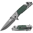 Rtek 4.75" G10 Handle Tactical Folding Pocket Knife with Liner Lock, Pocketclip, Glass Breaker, Seatbelt Cutter (Green)