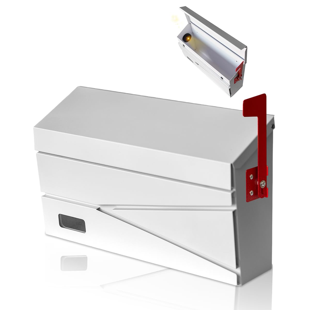 Photo 1 of Ydocabinit Wall Mount Mailbox, Large Capacity Mailbox for House, with Flag, Visibility Galvanized Steel Rust-Proof Metal Post Drop Box, Mailboxes for Outside 15.74"×9.84"×4.33" Solar Lanterns White
