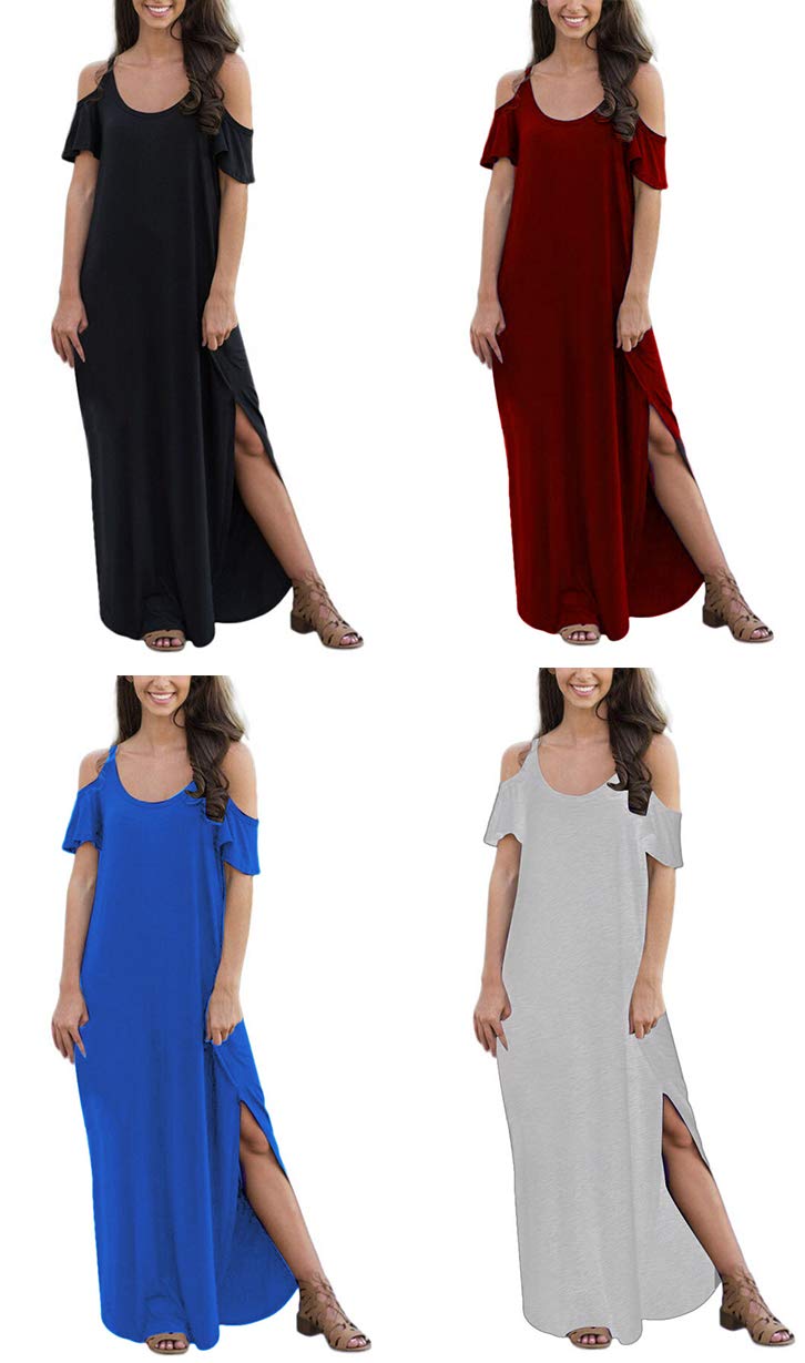 Women\'s Casual Loose Long Dress Short Sleeve Spaghetti Strap Cold Shoulder Split Maxi Dresses with Pocket Black M