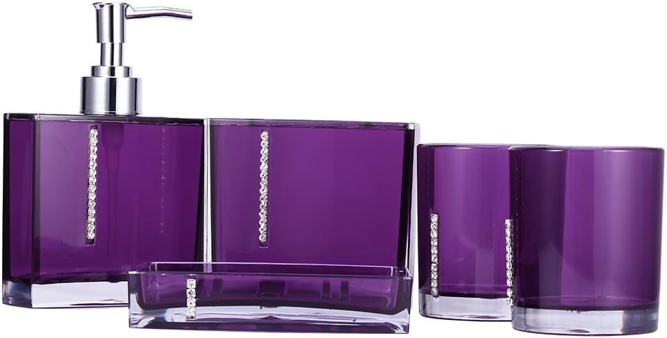 Yosoo 5Pcs Bathroom Acrylic Accessory Set Lotion Bottle, Toothbrush Holder, Toothbrush Mug, Soap Dish Four Colors (Purple) - Image 3