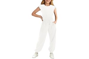 Haloumoning Girls Jumpsuits Kids Fashion Crewneck Elastic Waist Long Pants Rompers with Pockets 5-14 Years