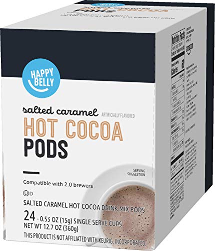AMAZON BRAND – HAPPY BELLY HOT COCOA PODS COMPATIBLE WITH 2.0 K-CUP BREWERS, SALTED CARAMEL FLAVORED, 24 COUNT