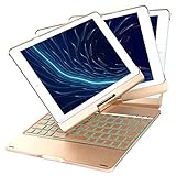 iEGrow F180 Gold Case with Keyboard, 7 Colors Adjustment Backlit and Breathing Light Keyboard with 360 Degree Rotatable Cover for iPad 6th/iPad 5th Generation/Pro 9.7/Air 2/Air