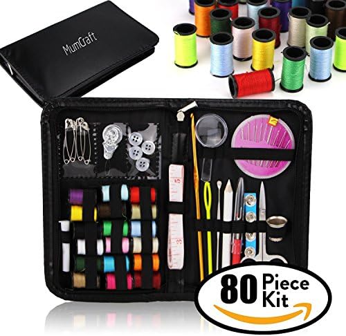 MumCraft 80Pcs DIY Compact Travel Mending &amp; Sewing Spool Emergencies Bundle Kit with Scissors, Thimble, Thread, Needles, Tape Measure, Carrying Case and Accessories | Sewing Needs