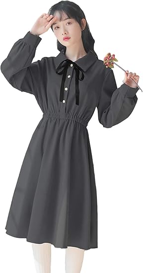 Amazon カラーショップ ロングシャツワンピース 森ガール系 レディース リボンワンピース ポロシャツ 黒 ワンピース ワンピース チュニック 通販