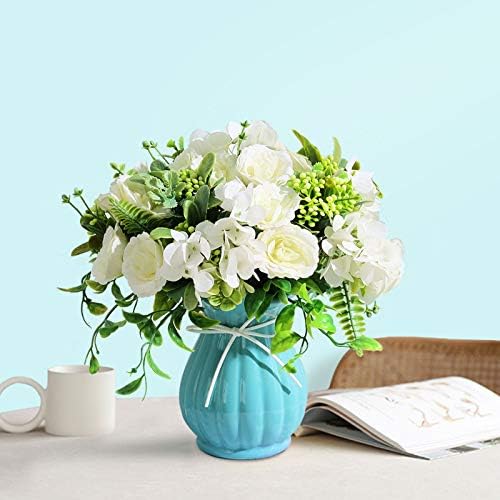 Na 造花 4束 アジサイブーケ セラミック花瓶付き 人工プラスチックシダフラワーアレンジメント ウェディング テーブル ホームデコレーションに最適 ホワイト