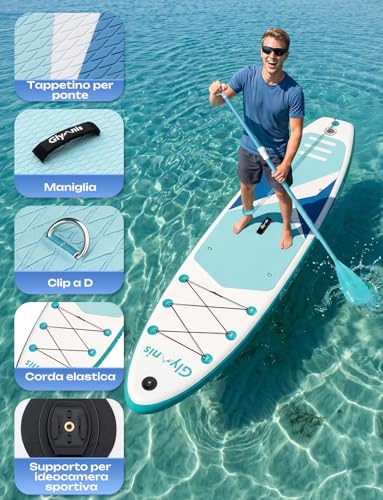 Glymnis Tavola Da SUP 320×81×15cm SUP Gonfiabile Capacità Di Carico Di 140 Kg Tavola Da Surf Stand Up Paddle Tavola SUP Con Pompa Ad Aria Pagaia Regolabile Borsa Da Trasporto