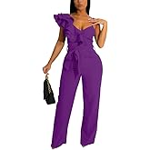 HBQ Womens Casual One Piece Jumpsuits V-Neck Sleeveless Ruffle Backless Belted Elegant Romper Wide Leg Pant Sexy Party Clubwear Overalls-Purple-L