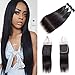 Brazilian Virgin Straight Human Hair 3 Bundles With Lace Closure BLY Unprocessed Hair Extensions Weave With 4x4 Lace Frontal Closure Silky Straight Natural Black Color(20