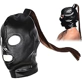 Leather Head Hood Mask With Wig Open Mouth And Eyes Adult Cosplay BDSM Bondage Slave