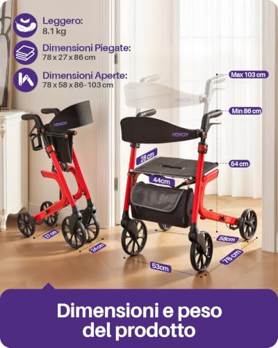 Kekoy Elderly Walker with 4 Wheels with Seat, Foldable, 399 lbs Load, Seat 44 cm Wide, Wheels 25 cm for All Terms, Height Adjustable, Brakes with Hidden Cables, Storage Bag, Red