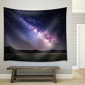 Landscape with Milky Way. Night Sky with Stars at Mountains. - Fabric Wall Tapestry Home Decor - 51x60 inches