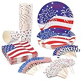 July 4th Decorations Disposable Dinnerware Set for Fourth of July Party Supplies Independence Day Decorations - 25 Plates, 25 Cups, 50 Napkins and 50 Cupcake Toppers(3 Styles) Included