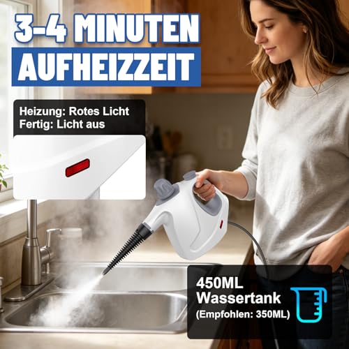 Vaporeta Limpieza Hogar, 1050W 3,2Bar 110°C, Depósito 450ML, Vaporeta de Mano con 10 Accesorios, 100% Sin Químicos, Limpiador Vapor Portátil para Casa, Sofa, Coche, Azulejos, Juntas, Grasa & Suciedad