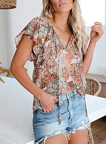 Boho Tops for Women Summer Floral Printed Pleated Casual Cute V Neck Shirts (A-Khaki,M)